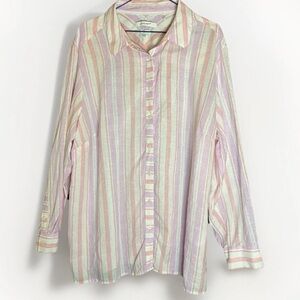 Foxcroft NYC Blouse Women’s 22W Pink Striped Buttoned Shirt Top 100% Linen EUC